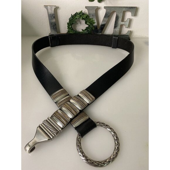 Chico's Accessories - Chico's Western Silver Tone Concho Ring Hook Buckle M/L Black Leather Belt‎